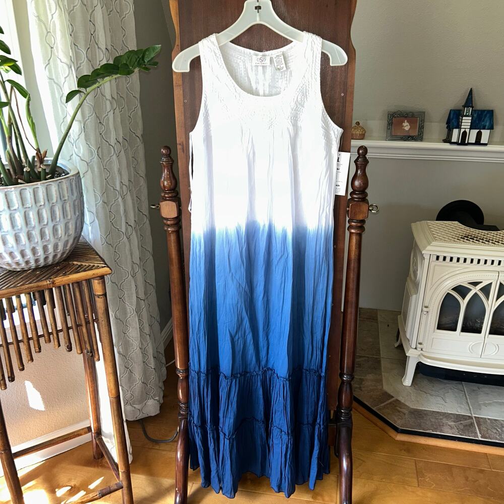 OSO Casuals Small Woven Dip-Dye Sleeveless Embroidered Neck Tiered Maxi Dress